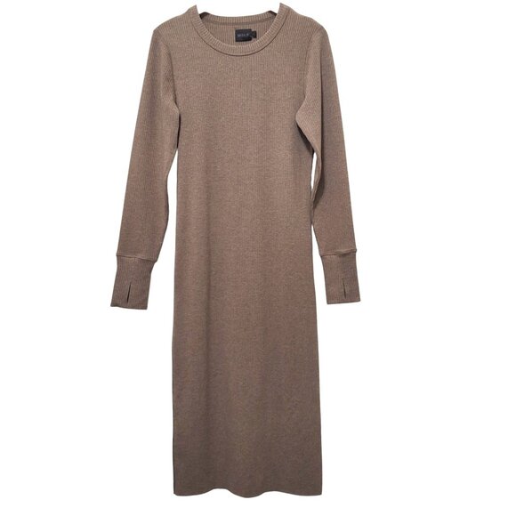 WSLY Ribbed Knit Bodycon Midi Dress Heathered Taupe Womens Sz L Minimalist - Picture 2 of 9